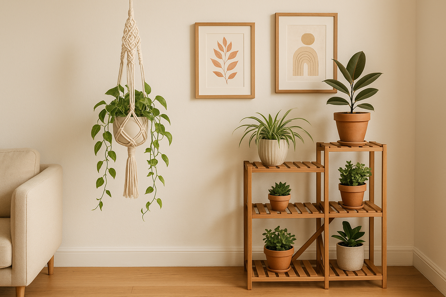 home decor, showing a few different items such as Macrame Plant Hanger , 4 Tier Wooden Folding Plant Stand , Wall Art
